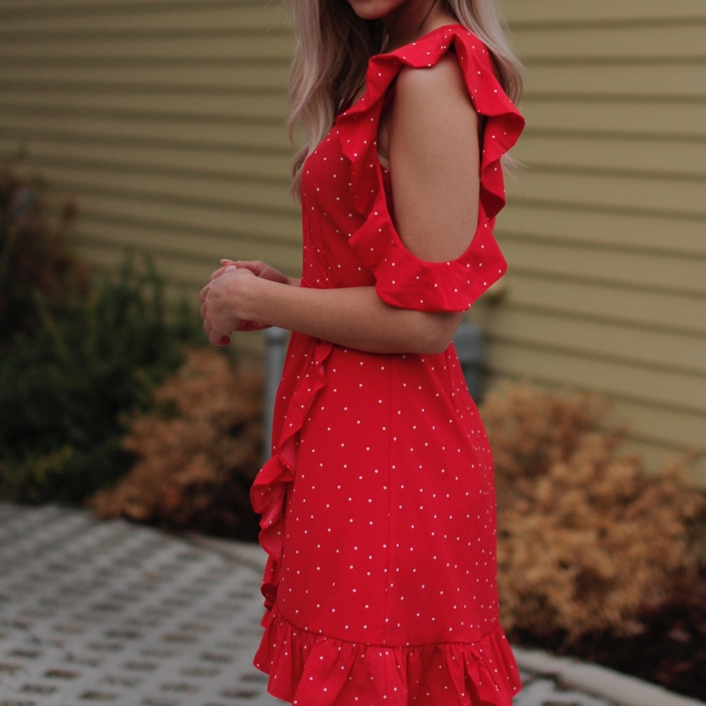 Red polka dot dotti wrap mini dress